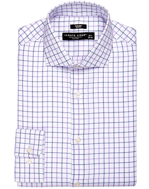 Pronto Uomo Slim Fit Spread Collar Shirt, Purple Windowpane Plaid